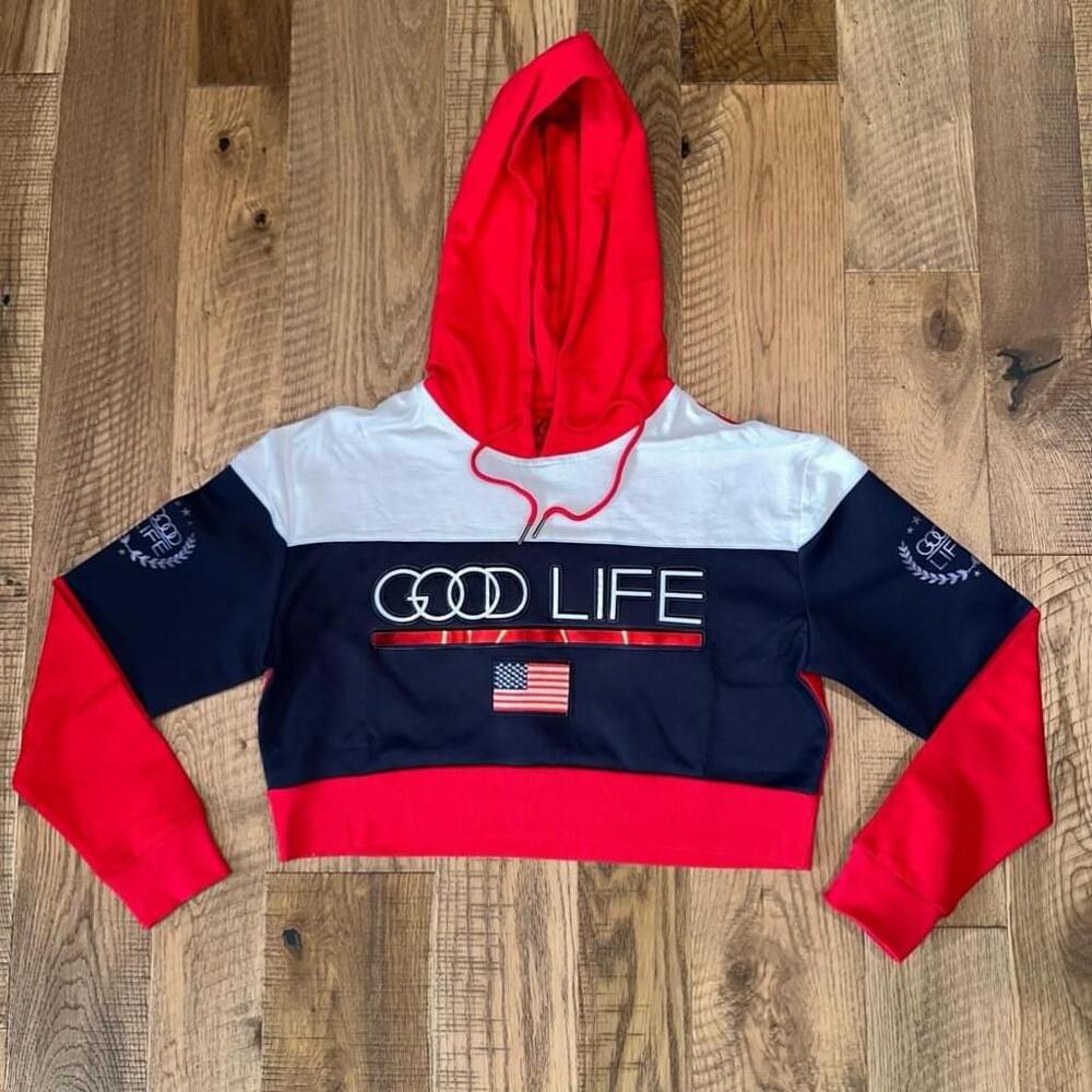 Camp Original Co Women’s Good Life USA Red White Blue Cropped Hoodie NWOT Size M